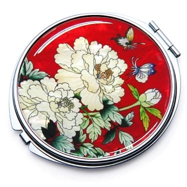 Korean Traditional Mother of Pearl Compact Mirror Peony Red